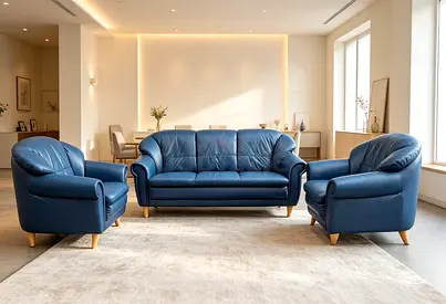 Blue Leather 3-Seater Sofa with Two Armchairs - Good Condition