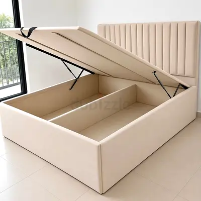 Beige Upholstered Storage Bed with Hydraulic Lift - King Size