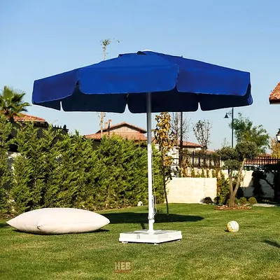 Blue outdoor garden parasol/umbrella with stand - good condition