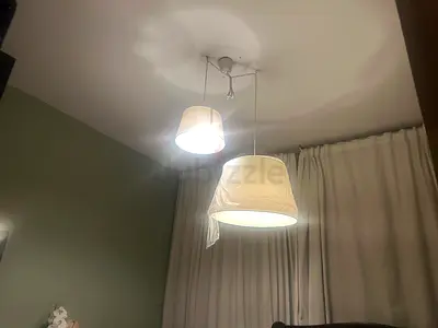 Pair of hanging pendant lamps — white fabric shades, ready to install