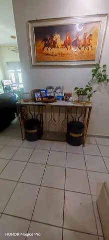 Gold Metal Console Table with Marble Top and Matching Stools