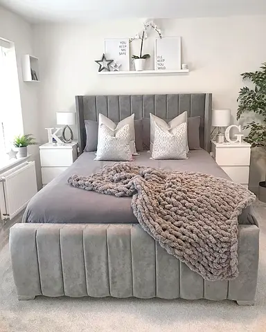 Grey Velvet Double Bed with Headboard and Storage-style Base