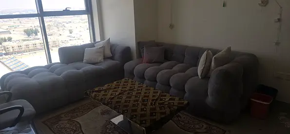 Grey tufted 3-seater sofa set with chaise - good condition