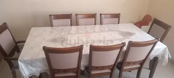 Wooden 8-Seater Dining Table with Upholstered Chairs