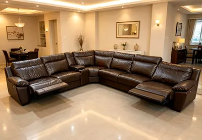 Large Brown Leather Corner Reclining Sofa — 6-Seater Modular Sectional