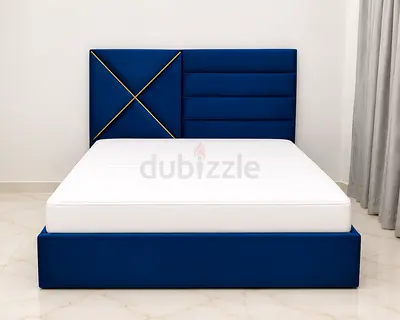 New Blue Upholstered King Bed with Padded Headboard and Mattress