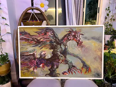 “Suffering of a man” Original Abstract Painting of a Mythical Winged Creature  (Signed)