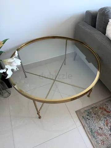 Round Glass Top Coffee Table with Brass Frame - Modern