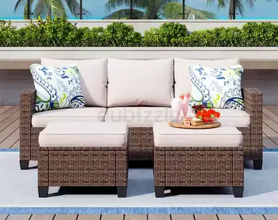 Brown Rattan Wicker 5 Seat 3-Piece Steel Patio Outdoor Sectional Set with Beige Cushions and 2 Ottom