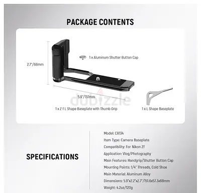L-shaped Aluminum Baseplate with Handgrip for Nikon Zf (Model CA134)