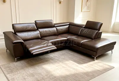 Dark brown leather L-shaped reclining corner sofa - good condition