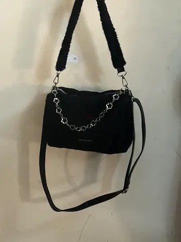 Black Faux Fur Shoulder Bag with Chain Detail, Crossbody Strap