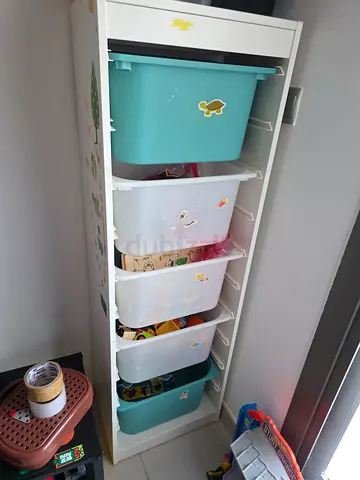 IKEA Trofast style toy storage with 6 pull-out bins - white frame, teal  white drawers