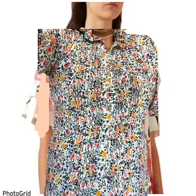 Floral Short-Sleeve Womens Blouse crepe material - Size Unknown, Light Cotton