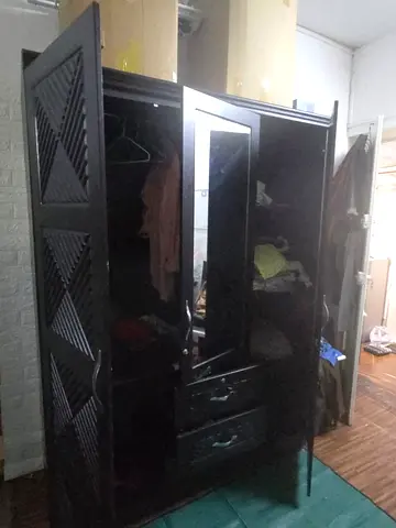 Dark wooden 3-door wardrobe with mirror and drawers - good condition