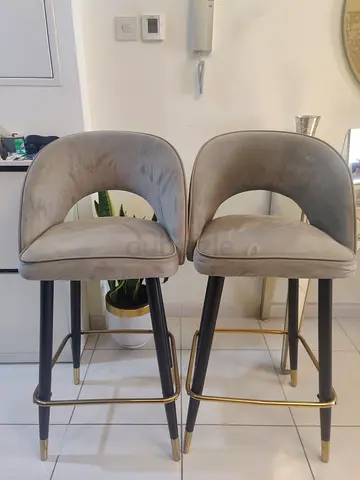 Pair of Velvet Bar Stools with Backrest — Grey, Good Condition