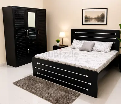 New Black Wooden Queen Bed with Matching Wardrobe and Nightstand -