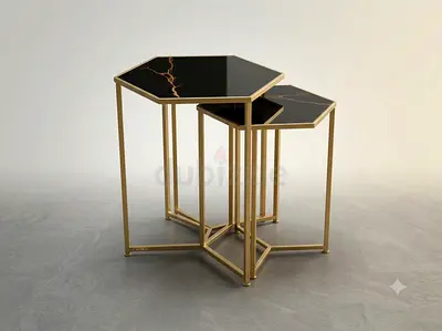 Set of 2 Hexagonal Nesting Side Tables with Black  Gold Frame