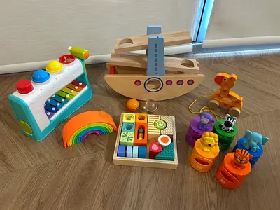 Mixed Wooden Baby  Toddler Toy Set — Xylophone, Boat, Stacking  Poppers