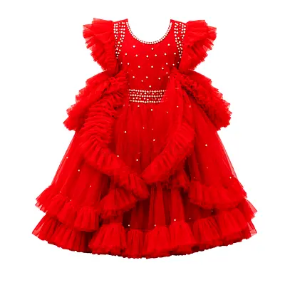 Girls Luxury Red Pearl Ball Gown