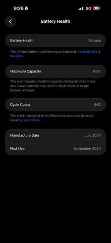 iPhone 16 pro max TRa version with 88% Battery Capacity (662 cycles) - Good Condition only contact s