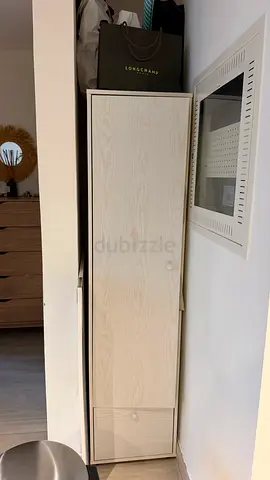 Slim tall wardrobe/cabinet with drawer - light wood finish