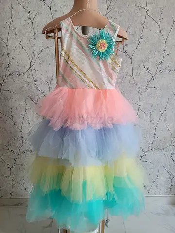 Girls Rainbow Tulle Layered Party Dress with Flower Accent - Size 6-8 years