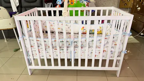 White Wooden Baby Crib with Mattress and - Good Condition,