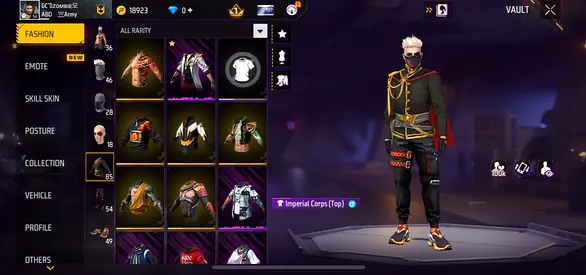 Free Fire account with rare Imperial Corps outfit and multiple skins