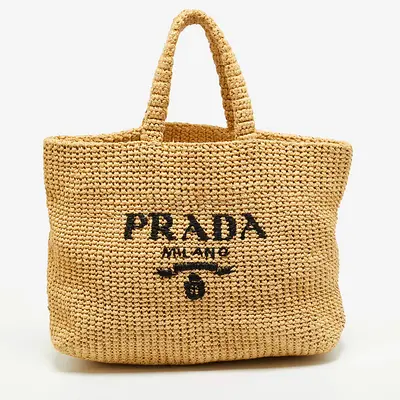Prada Natural Raffia Logo Shopper Tote