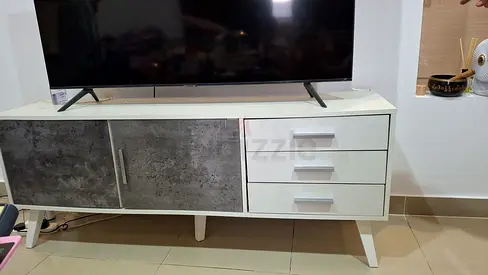 White TV Console Cabinet with Drawers and Sliding Door - Good Condition