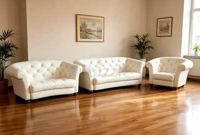 Cream leather 3-piece sofa set (3-seater, 2-seater, armchair) in good condition