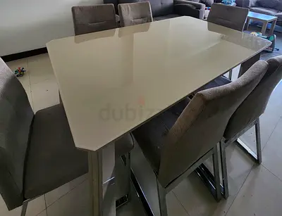 6-Seater Modern Glass Top Dining Table with Upholstered Chairs