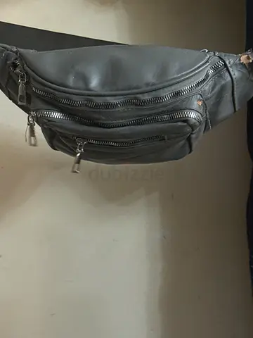 Black leather waist bag / sling bag, multiple zip pockets