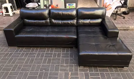 Black L-shaped Leather Sofa with Chaise – Good Condition