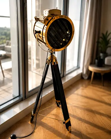 Vintage Spotlight Tripod Floor Lamp — Brass  Black