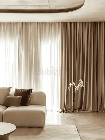Beige Floor-to-Ceiling Curtains with Sheer Liners - Good Condition