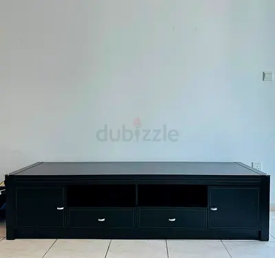 Low Black TV Entertainment Unit with Storage Drawers and Cabinets