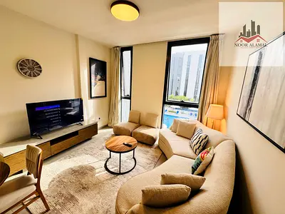 Sharjah, Aljada Compound: Super-deluxe furnished apartment featuring a bedroom, living room, kitchen, and bathroom. Price: 5,800 (inclusive of interne