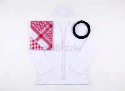 Traditional Boys/Mens White Thobe Thawb Set with Red Shemagh and Agal