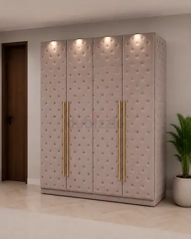 Upholstered 4-Door Wardrobe with Tufted Doors and Brass Handles