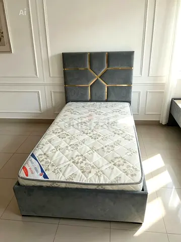Single Velvet Bed Frame with Headboard and Mattress - Grey