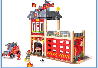 Wooden Fire Station Playset with Vehicles and Figures - Good Condition