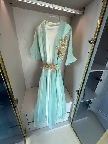 Light Mint Green Embellished Long Dress with Cape - Size S-M