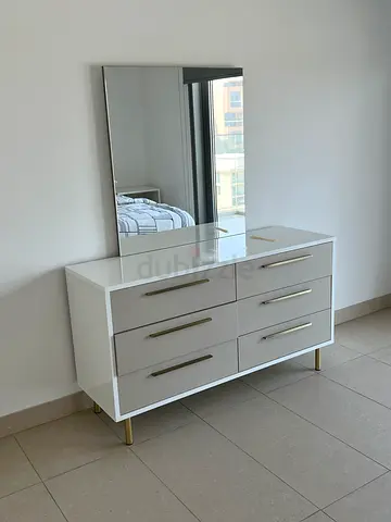 White Modern Bedroom Set – Bed, Dresser with Mirror  Nightstand