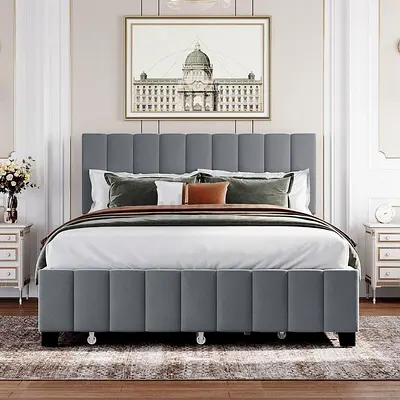 Queen Upholstered Bed Frame with Padded Headboard - Grey