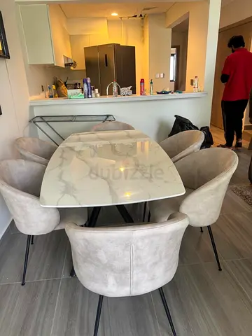 Marble-top dining table with 6 upholstered chairs - modern set