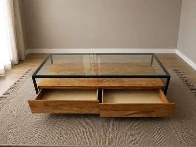 West Elm Box Frame Storage glass top coffee table with solid wooden drawers