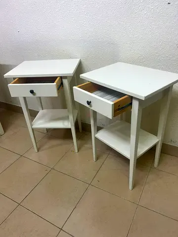 Pair of white bedside tables with drawer and shelf - good condition