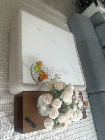 Modern Marble-Top Coffee Table with Side Shelf - Light Upholstered Base